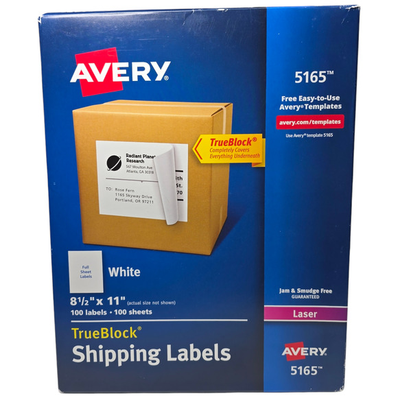 Avery 5165 TrueBlock Laser Shipping Labels, 8-1/2" x 11", White 100 Labels Sheet - Picture 1 of 2